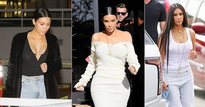De izquierda a derecha: Kim Kardashian, con collares diseñados por Kanye West, el 8 de abril, a finales de marzo y el 11 de marzo.