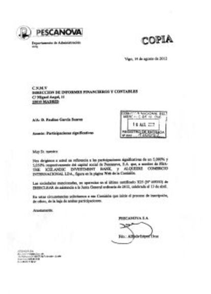 Escrito de Pescanova a la CNMV en agosto de 2012.