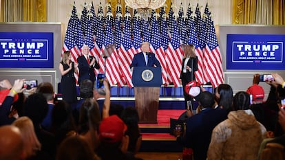 US President Donald Trump speaks during election night in the White House.