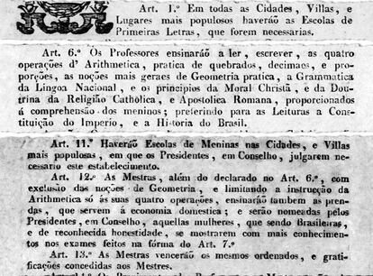 Trechos da lei de 1827: currículo escolar mais enxuto para as meninas.