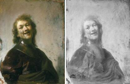 'Rembrandt riendo' (1628), tras su limpieza, y a la derecha, radiografiada por emisión de electrones.