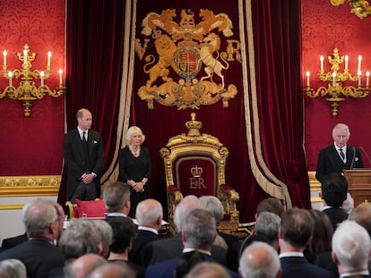 Prince William, Camilla, the Queen Consort and King Charles III in the Throne Room during the Accession Council.
