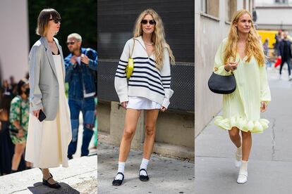 Imágenes de street style de Anya Ziourova, Emili Sindlev y Blanca Miró, las tres con merceditas.