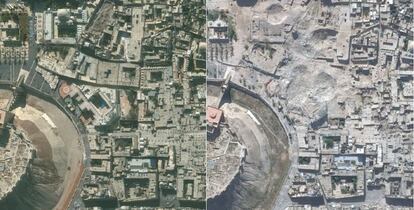Dues imatges preses per satèl·lit de la ciutat siriana d'Alep, el 21 de novembre de 2010 (esquerra) i el 22 d'octubre de 2014 (dreta). En les imatges es mostra la desaparició de monuments històrics, com l'Hotel Carlton (a dalt a l'esquerra) on ara solament s'aprecien cràters.