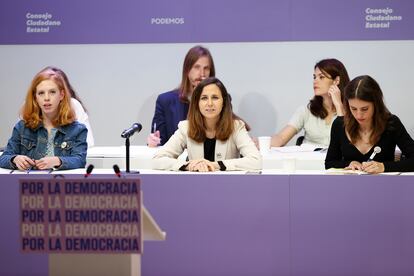 Lilith Verstrynge, Ione Belarra e Irene Montero, durante la inauguración del Consejo Ciudadnano Estatal del partido, este viernes.