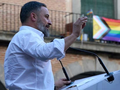 El presidente de Vox y candidato a la presidencia del Gobierno por esta formación, Santiago Abascal, durante un acto de precampaña electoral en Ávila, en la céntrica plaza del Mercado Chico.