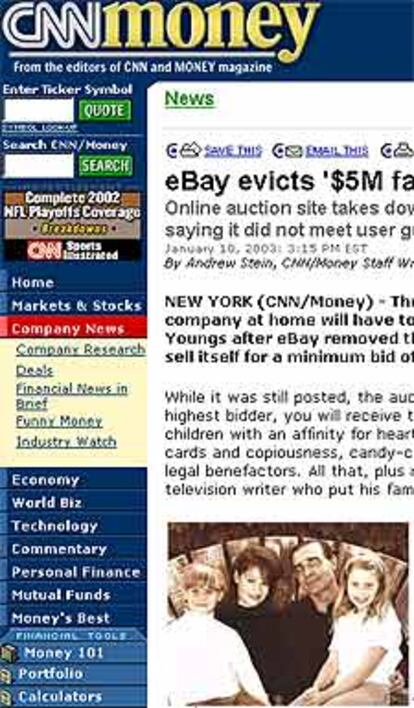 Fotografía de los Youngs en la página de la CNN en la que se anuncia la retirada de su puja de eBay.