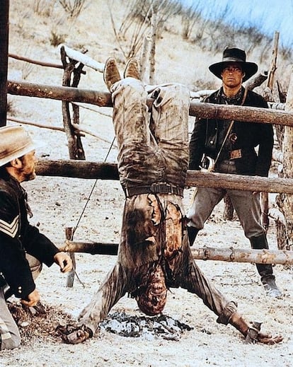 A still from the Robert Aldrich film 'Ulzana's Raid,' depicting a classic Apache torture method
