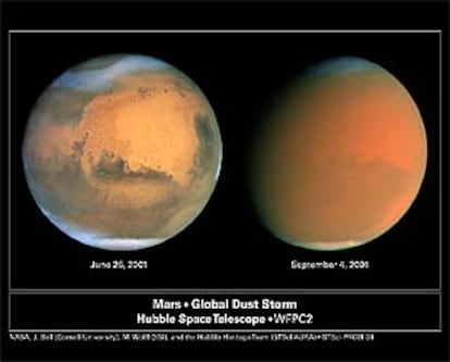 Imágenes difundidas por la NASA: en la primera se observan los efectos de la tormenta, en la segunda, el planeta rojo en estado normal.