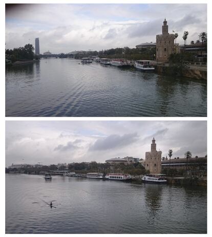 El turista se ha llevado una estampa típica del Guadalquivir y la Torre del Oro intentando llegar a las dos orillas. El fotógrafo ha optado por primar la composición y ha dejado que el tercio superior configure la línea recta del horizonte y el agua cobre mayor importancia. La Torre del Oro se sitúa en el tercio superior derecho y, para equilibrar la imagen, ha recurrido a un elemento de mucho menor tamaño: una pequeña piragua ubicada en el tercio inferior izquierdo que da peso visual.