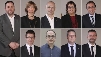 These are the former Catalan officials who will be held in pre-trial detention: left to right, starting with the top row, Oriol Junqueras, Meritxell Borràs, Raül Romeva, Dolors Bassa, Josep Rull, Carles Mundó, Jordi Turull, Joaquim Forn. The last one,Santi Vila, can avoid prison if he posts bail set at €50,000.