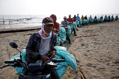 Trabajadores transportan sacos que contienen arena afectada por derrames de petróleo, en una costa en Karawang, provincia de Java Occidental (Indonesia), el 9 de agosto de 2019.