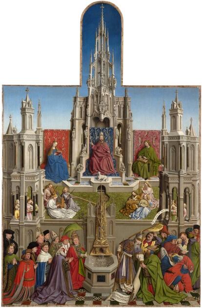 En 'La fuente de la Gracia', del taller del pintor flamenco Jan van Eyck, se representan hasta una veintena de plantas herbáceas reconocibles, como la matricaria ('Tanacetum parthenium'), la violeta común ('Viola odorata'), la milenrama ('Achillea millefolium'), la fresa silvestre ('Fragaria vesca') o el llantén menor ('Plantago lanceolata'). |