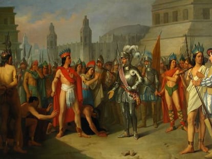 Apresamiento del &uacute;ltimo emperador de M&eacute;xico por las tropas de Hern&aacute;n Cort&eacute;s, en el Museo del Prado.