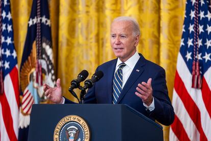 President Joe Biden speaks in the East Room of the White House in Washington, on July 25, 2023.