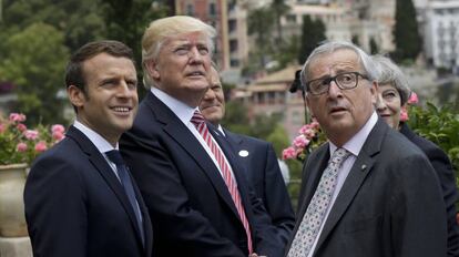 Emmanuel Macron, Donald Trump y Jean-Claude Juncker en la Cumbre del G7.