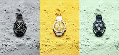 Tres variaciones cromáticas: relojes Bioceramic MoonSwatch dedicados a la Luna, el Sol y la Tierra.