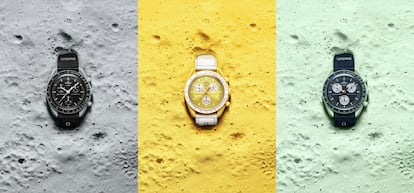 Tres variaciones cromáticas: relojes Bioceramic MoonSwatch dedicados a la Luna, el Sol y la Tierra.