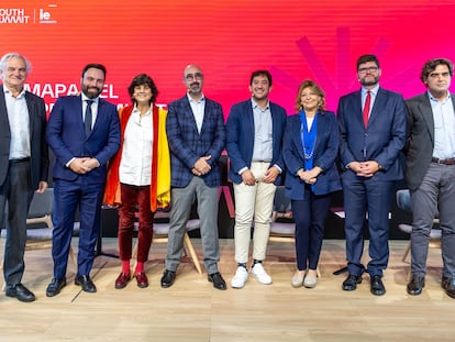 Acto de presentación del Mapa del Emprendimiento 2024, al que asistieron María Benjumea, fundadora de South Summit, y Juan José Güemes, vicepresidente de IE University.