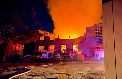 A building burns after a Russian drone attack in the Ukrainian port of Odessa.