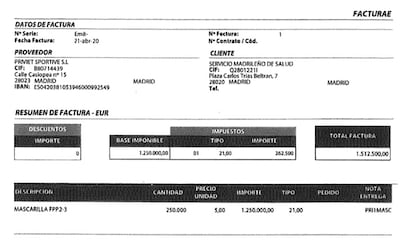 Una de las facturas aportadas a Anticorrupción donde se habla de "mascarillas FFP2-3". 