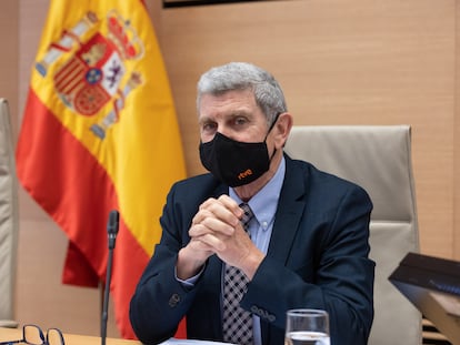 El presidente de la Corporación RTVE, José Manuel Pérez Tornero, en una Comisión Mixta de Control Parlamentario de la Corporación RTVE y sus Sociedades el  29 de abril de 2021.