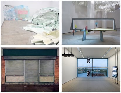 En el sentido de las agujas del reloj, detalles de las obras de Karla Black, Martin Boyce, Hilary Lloyd y George Shaw