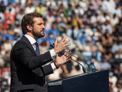 El presidente del PP, Pablo Casado, en el acto de clausura de la Convención Nacional del PP, en la Plaza de Toros de Valencia.