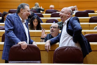 Los senadores de Junts Josep Lluís Cleries y Joan Baptista, en el hemiciclo, este jueves. El Senado retira el conflicto de atribuciones entre Congreso y Senado.