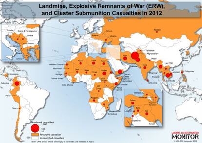 Minas terrestres, restos de explosivos de guerra y víctimas de bombas de racimo en 2012.