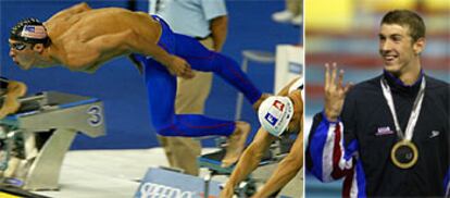 Michael Phelps, en la salida de su semifinal de 100 metros mariposa. A la derecha, con la medalla de oro en los 200 metros estilo.