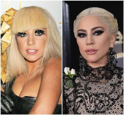 Lady Gaga en 2008 y, a la derecha, la cantante en los Grammy del pasado domingo.