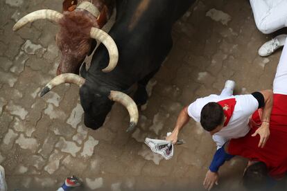 Los astados de la ganadería de Núñez del Cuvillo durante el quinto encierro.