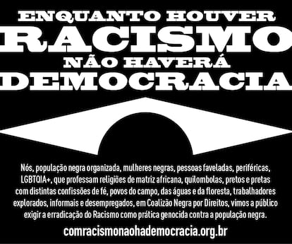 Imagen utilizada en el manifiesto, con negro sobre blanco en la bandera brasileña.