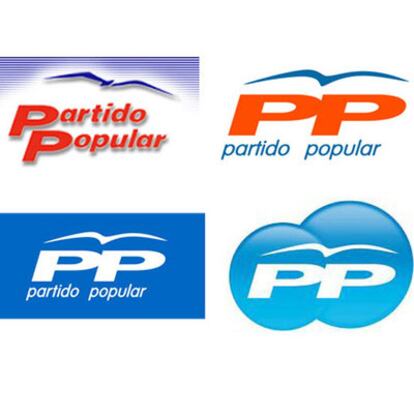 Otros logotipos a lo largo de la historia del PP. El último fue presentado el pasado 14 de enero junto al lema de la precampaña "Las ideas claras" y mostraba las siglas rodeadas por dos esferas.