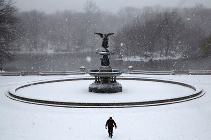 Un hombre camina por Central Park durante una nevada en Manhattan, Nueva York (EE UU).