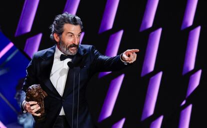 Luis Zahera, durante su discurso de agradecimiento tras recoger el Goya a mejor actor de reparto por su papel en 'As bestas'.