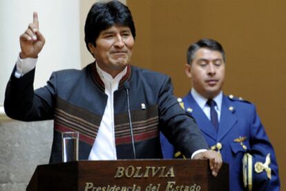 El presidente boliviano, Evo Morales, durante el juramento del nuevo Gabinete.