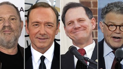 De izquierda a derecha, Harvey Weinstein, Kevin Spacey, Roy Moore y Al Franken.