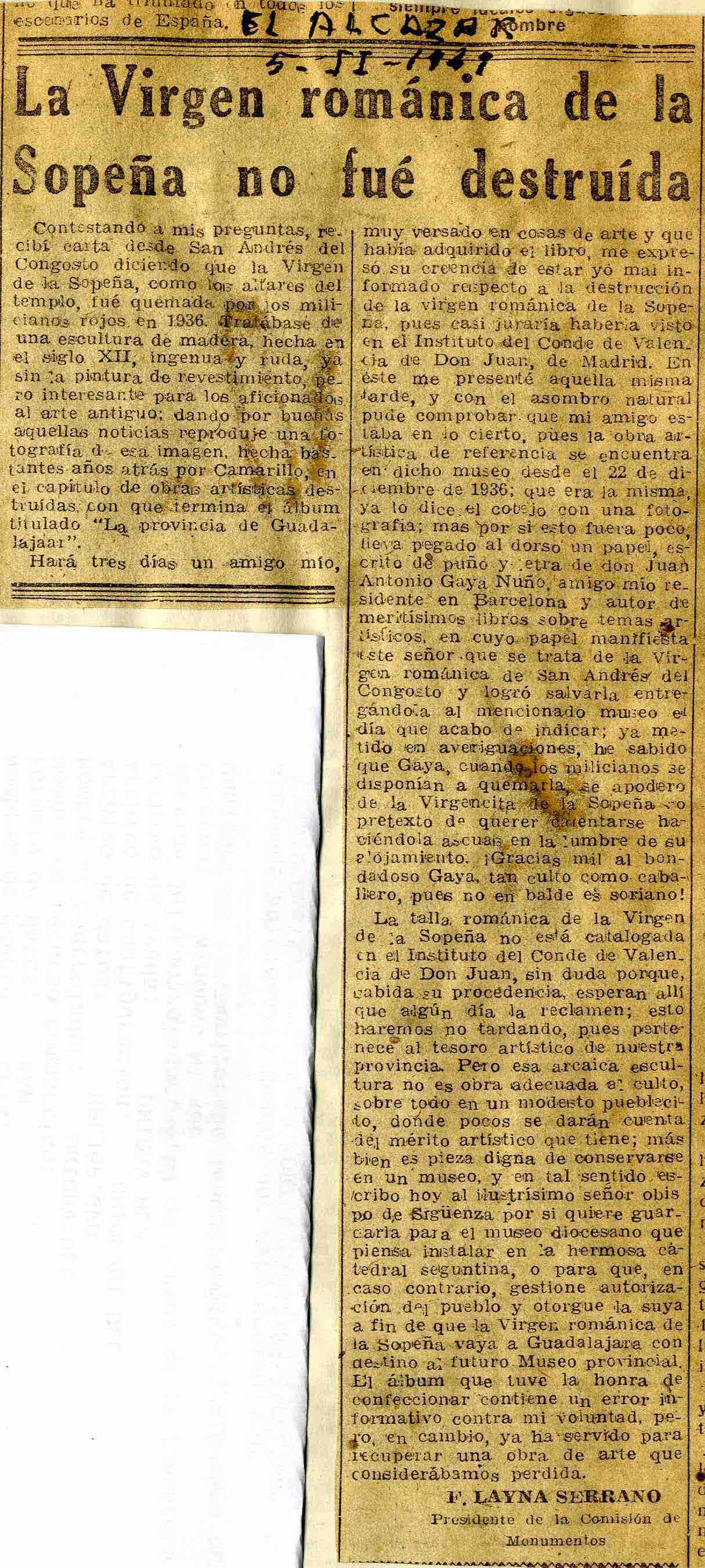 Recorte de prensa del diario 'El Alcázar', donde Layna reconoce el mérito de Gaya en la salvación de la talla.