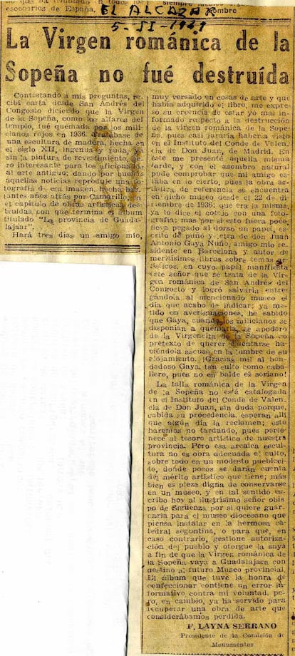 Recorte de prensa del diario 'El Alcázar', donde Layna reconoce el mérito de Gaya en la salvación de la talla.