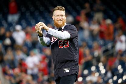 Washington Nationals Sean Doolittle (63) throws the first pitch prior to the Nationals game against the Atlanta Braves after announcing his retirement.