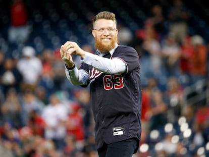 Washington Nationals Sean Doolittle (63) throws the first pitch prior to the Nationals game against the Atlanta Braves after announcing his retirement.