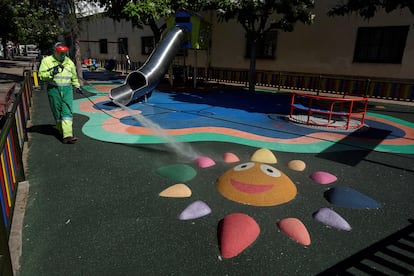 A play park is disinfected in the Spanish province of Ávila.