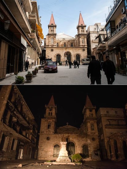 Vistas de la iglesia maronita de Alepo. En la parte superior, foto tomada en 2010; en la inferior foto tomada en 2017.