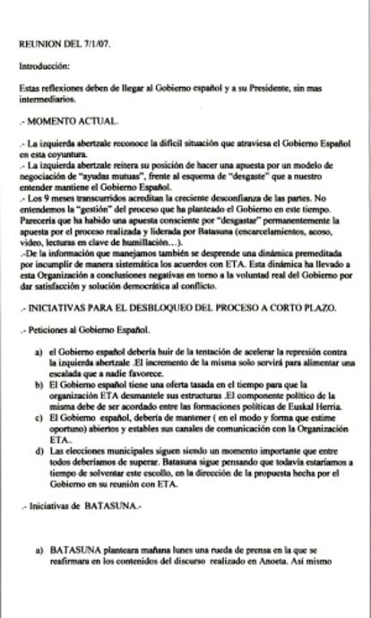 Batasuna elaboró un documento el 7 de enero de 2007 que quiso hacer llegar al presidente del Gobierno.