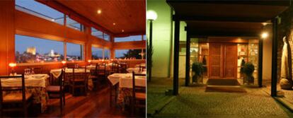 A la izquierda,  comedor de la <i>pousada</i> con vistas a la ciudad de Bragança, iluminada de noche. A la derecha, entrada principal al recinto.