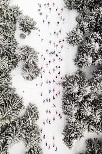 'Falling Skiers', de Daniel Koszela ha sido la foto ganadora en el apartado Deportes. Fue tomada en marzo de 2022 y muestra a los competidores en el evento anual de esquí Bieg Piastów celebrado en Polonia. El título hace referencia a la perspectiva de la foto, que provoca la sensación en el espectador de que los esquiadores están cayendo al vacío.