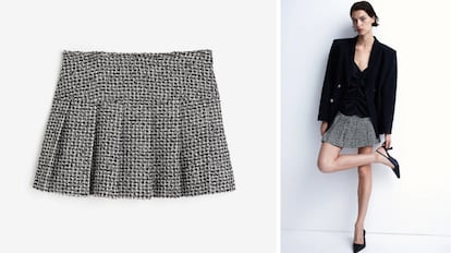 Minifalda de cuadros tableada en blanco y negro para mujer. H&M. Tendencia Otoño 2023-2024.