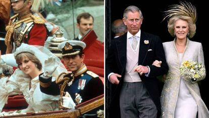 El príncipe Carlos y Lady Di, en 1981 (izquierda) y el príncipe carlos y Camila Parker-Bowles, en 2005.   